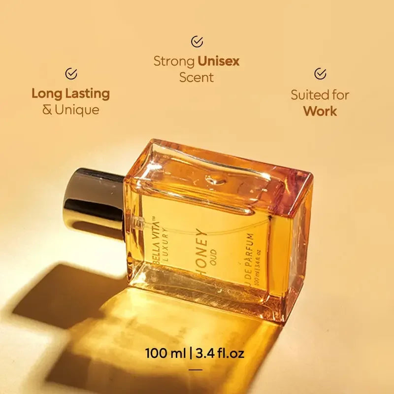 Bella Honey OUD Eau De Parfum | Unisex Long-Lasting Perfume with Floral Spicy Notes | Vegan Arabian Luxury Fragrance with Vanilla & Bergamot (3.4Fl.Oz)